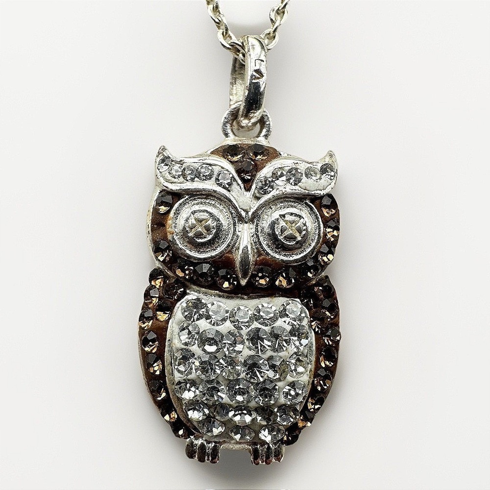 Vintage Silver Tone Owl Pendant‎ Necklace Brown Clear Rhinestone Jewelry Y2K